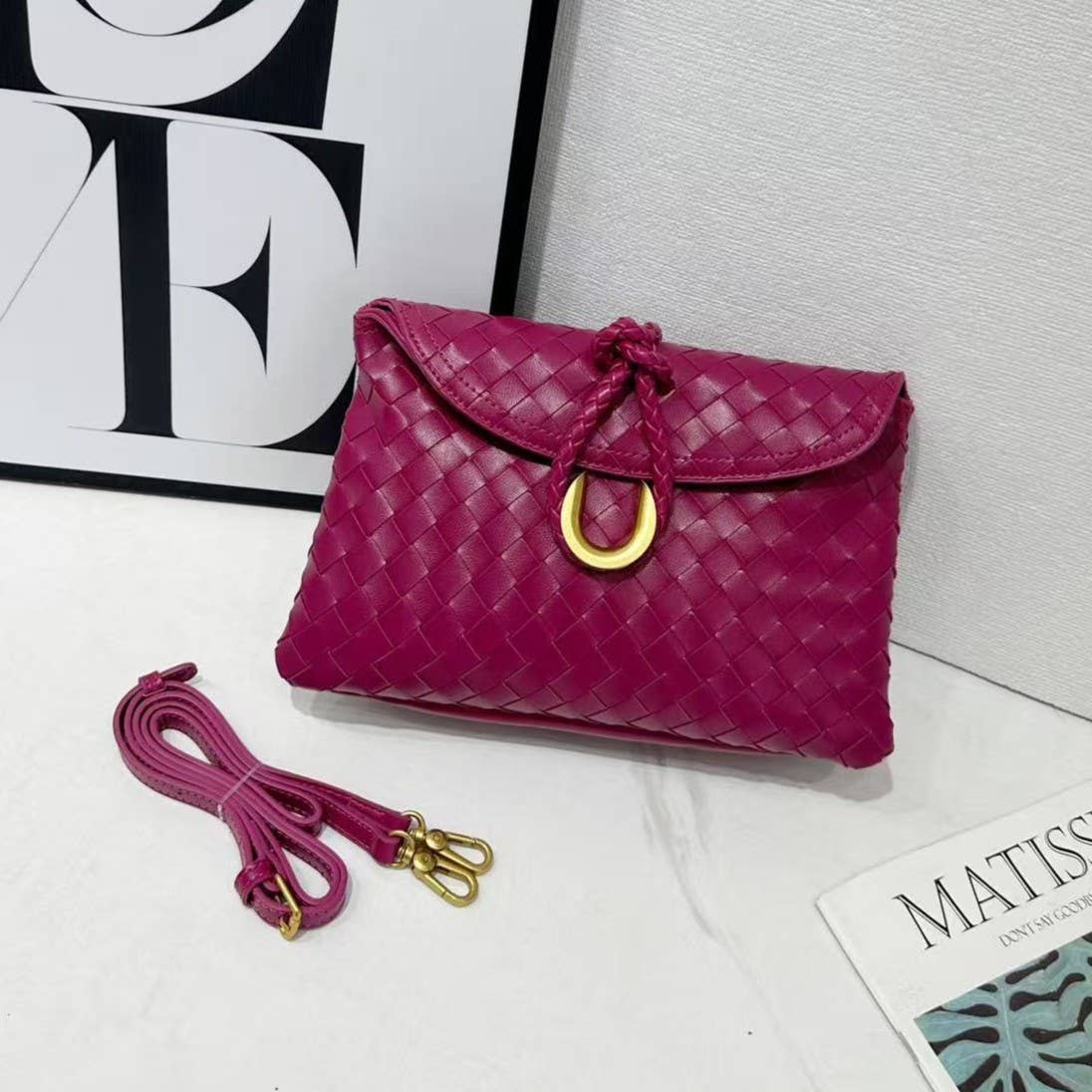 Woven Crossbody Bag with Gold Accent: Cream