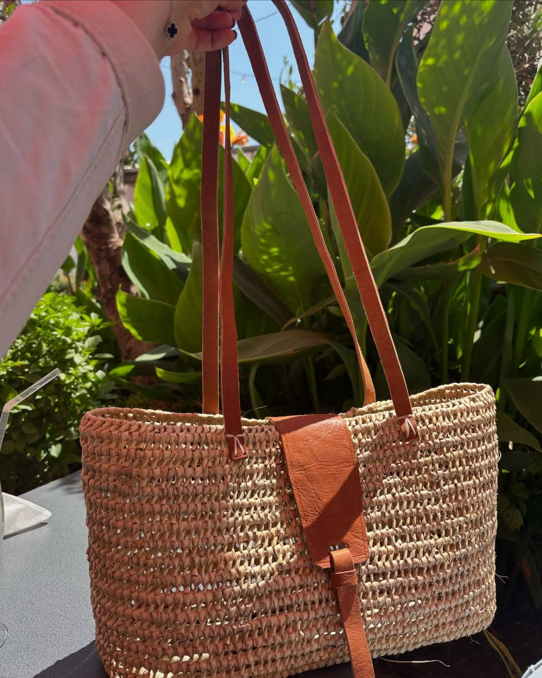 Handwoven Palm Leaf Beach Bag with Leather Shoulder Strap