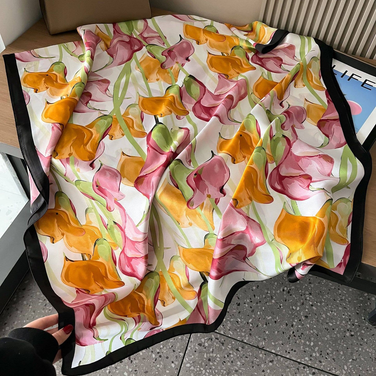 Calla Lily Motif Satin Scarf in Cream/Orange TT339