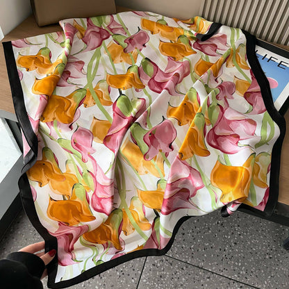 Calla Lily Motif Satin Scarf in Cream/Orange TT339