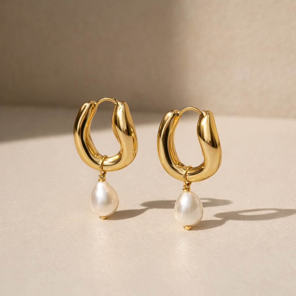 Wavy Pearl Hoops 18k Gold Plated Freshwater Pearl Waterproof