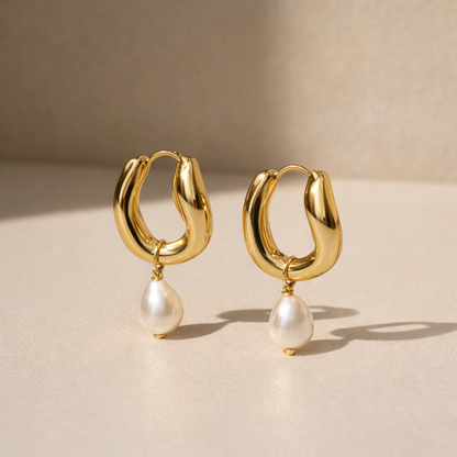 Wavy Pearl Hoops 18k Gold Plated Freshwater Pearl Waterproof