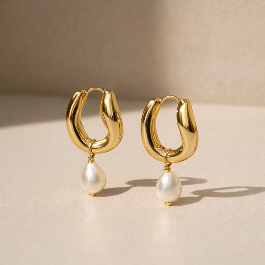Wavy Pearl Hoops 18k Gold Plated Freshwater Pearl Waterproof