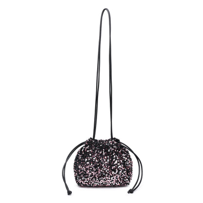 CC324-Carrier Co. Sequin Draw String Closure Cross Body Bag: Silver