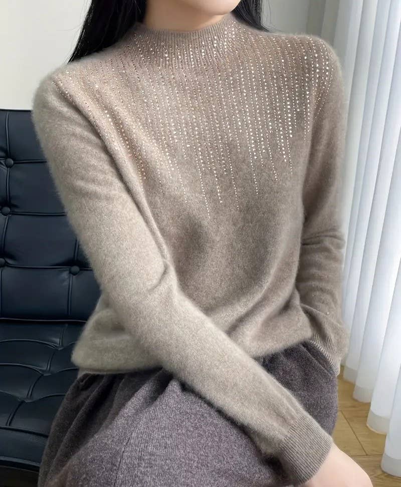 Sparkling Rhinestone Knit Sweater SK180: Taupe